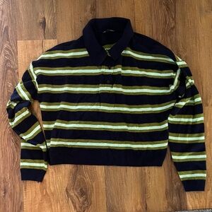 GAP Women's Striped V-Neck Sweater - navy and Lime